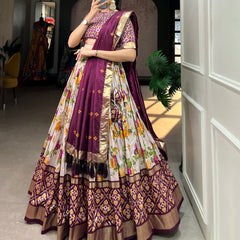 Women's Tusser Silk Floral Print Lehenga Choli with Foil Work & Gotta Patti Dupatta