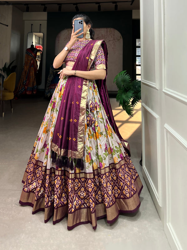 Women's Tusser Silk Floral Print Lehenga Choli with Foil Work & Gotta Patti Dupatta