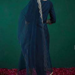 Women’s Chanderi Embroidered Kurta with Stitched Bottom & Organza Dupatta Set