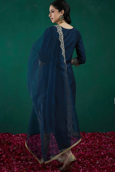 Women’s Chanderi Embroidered Kurta with Stitched Bottom & Organza Dupatta Set