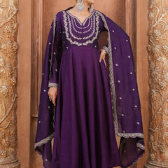 Women's Vichitra Silk Embroidered Kurta Palazzo & Dupatta Set