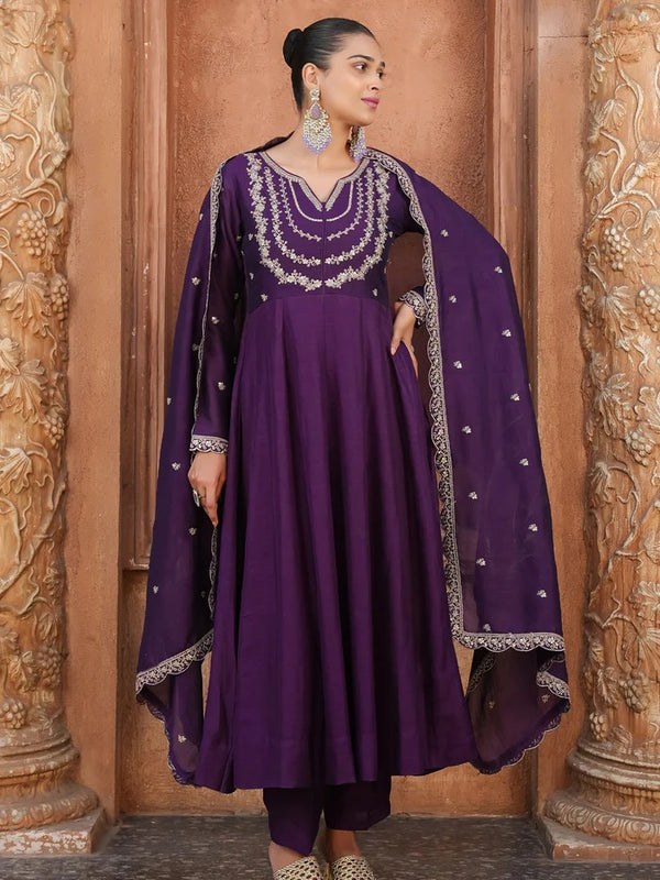 Women's Vichitra Silk Embroidered Kurta Palazzo & Dupatta Set