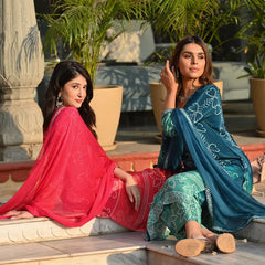 Women's Soft Chinnon Silk Position Printed Kurti with Pant & Nazmeen Dupatta Set