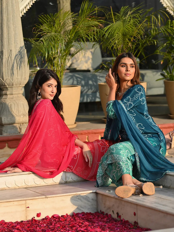 Women's Soft Chinnon Silk Position Printed Kurti with Pant & Nazmeen Dupatta Set