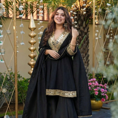 Women's Chinon Embroidered Kurta Pant Dupatta Set with Mirror Work