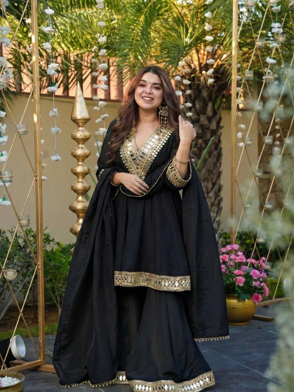 Women's Chinon Embroidered Kurta Pant Dupatta Set with Mirror Work