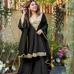 Women's Chinon Embroidered Kurta Pant Dupatta Set with Mirror Work