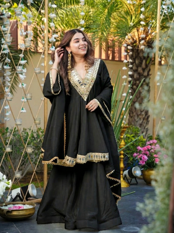 Women's Chinon Embroidered Kurta Pant Dupatta Set with Mirror Work