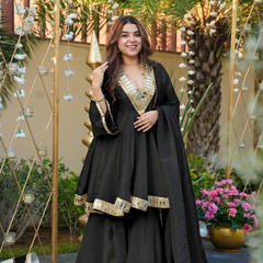 Women's Chinon Embroidered Kurta Pant Dupatta Set with Mirror Work