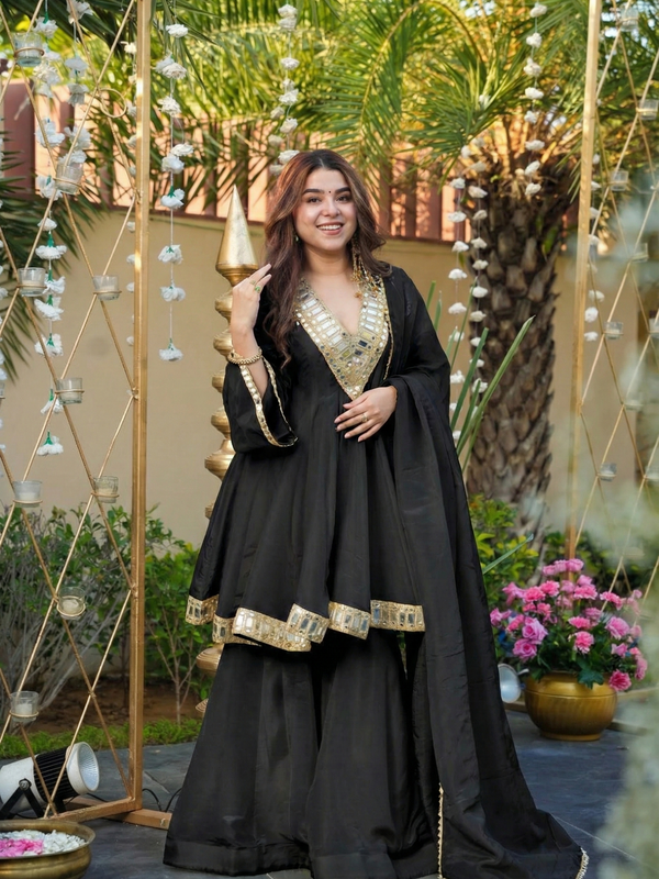 Women's Chinon Embroidered Kurta Pant Dupatta Set with Mirror Work