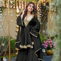 Women's Chinon Embroidered Kurta Pant Dupatta Set with Mirror Work