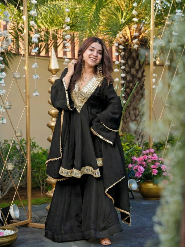 Women's Chinon Embroidered Kurta Pant Dupatta Set with Mirror Work
