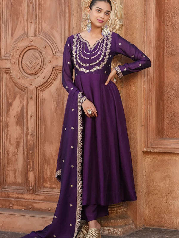 Women's Vichitra Silk Embroidered Kurta with Palazzo Pant & Dupatta Set