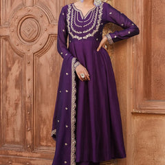 Women's Vichitra Silk Embroidered Kurta Palazzo & Dupatta Set