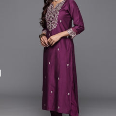 Women’s Chanderi Embroidered Kurta with Stitched Bottom & Organza Dupatta Set