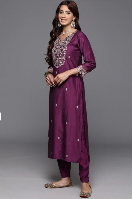 Women’s Chanderi Embroidered Kurta with Stitched Bottom & Organza Dupatta Set