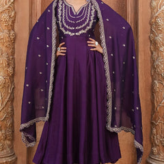 Women's Vichitra Silk Embroidered Kurta Palazzo & Dupatta Set