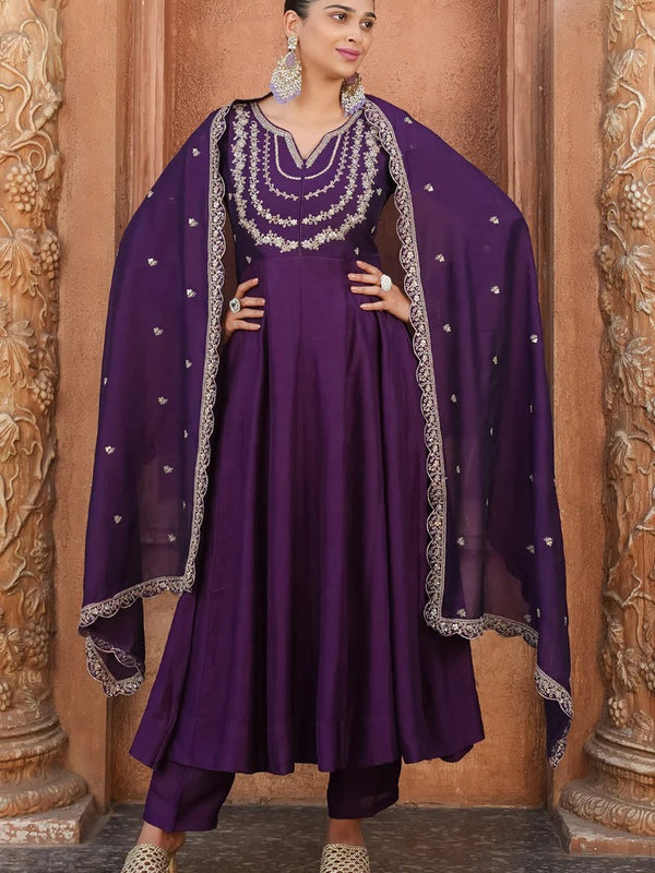 Women's Vichitra Silk Embroidered Kurta Palazzo & Dupatta Set