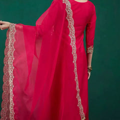Women’s Chanderi Embroidered Kurta with Stitched Bottom & Organza Dupatta Set