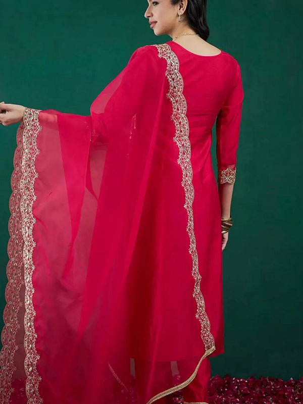 Women’s Chanderi Embroidered Kurta with Stitched Bottom & Organza Dupatta Set