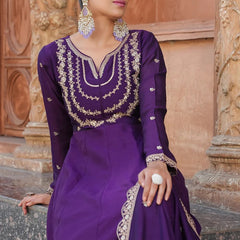 Women's Vichitra Silk Embroidered Kurta Palazzo & Dupatta Set