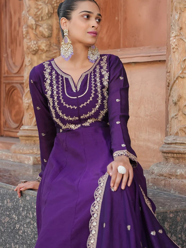 Women's Vichitra Silk Embroidered Kurta Palazzo & Dupatta Set