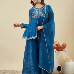 Women's Crunchy Silk Kurta With Pant & Dupatta Set