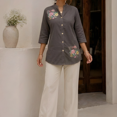 Women’s Grey Cotton Floral Printed Shirt Style Tunic