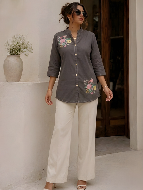 Women’s Grey Cotton Floral Printed Shirt Style Tunic