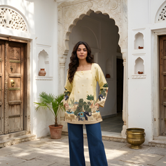 Women’s Off-White Cotton Kalamkari Tunic with Yellow Shine
