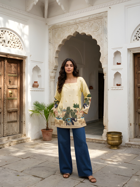 Women’s Off-White Cotton Kalamkari Tunic with Yellow Shine