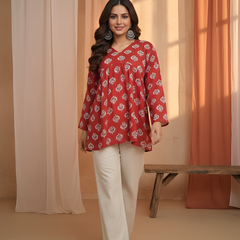 Women’s Red Cotton Printed Fancy Tunic Top