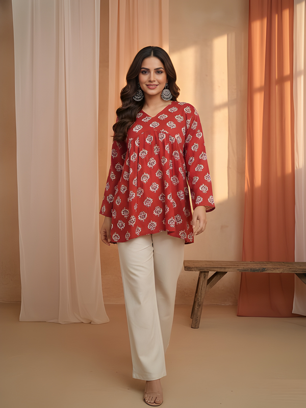 Women’s Red Cotton Printed Fancy Tunic Top