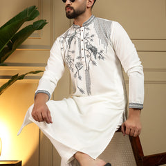 Men’s Viscose Silk Embroidered Kurta with Semi Cotton Chudidar
