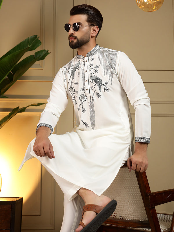 Men’s Viscose Silk Embroidered Kurta with Semi Cotton Chudidar