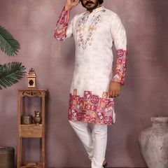 Men’s Heavy Khadi Cotton Printed Kurta with Embroidered Neck & Pyjama