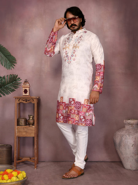 Men’s Heavy Khadi Cotton Printed Kurta with Embroidered Neck & Pyjama