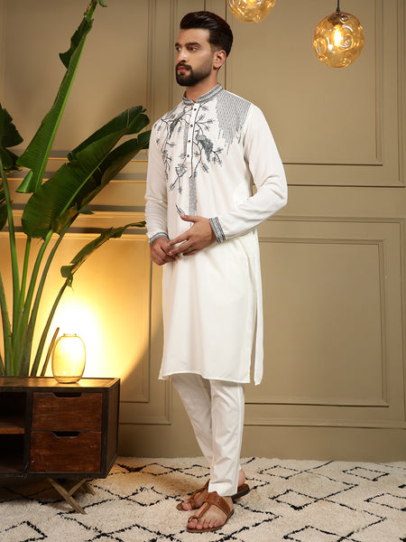 Men’s Viscose Silk Embroidered Kurta with Semi Cotton Chudidar