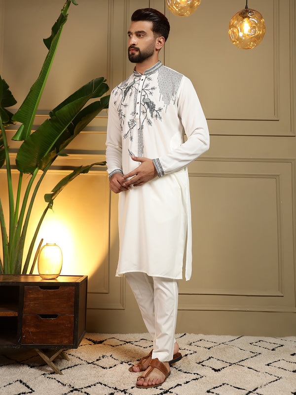 Men’s Viscose Silk Embroidered Kurta with Semi Cotton Chudidar