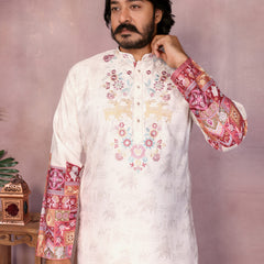 Men’s Heavy Khadi Cotton Printed Kurta with Embroidered Neck & Pyjama