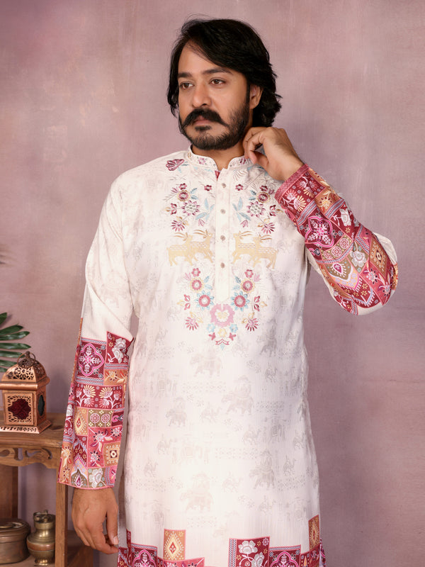 Men’s Heavy Khadi Cotton Printed Kurta with Embroidered Neck & Pyjama