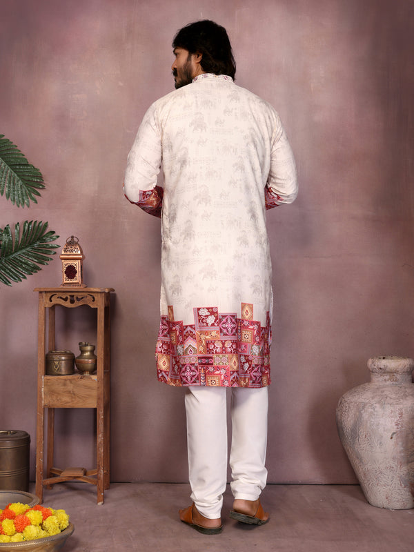 Men’s Heavy Khadi Cotton Printed Kurta with Embroidered Neck & Pyjama