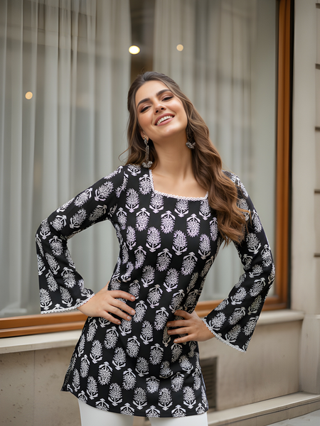 Women’s Black Cotton Printed Straight Short Kurti Tunic