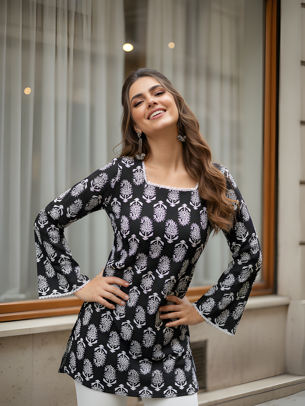 Women’s Black Cotton Printed Straight Short Kurti Tunic