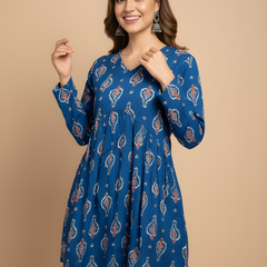 Women’s Blue Cotton Printed Flared Short Kurti Tunic