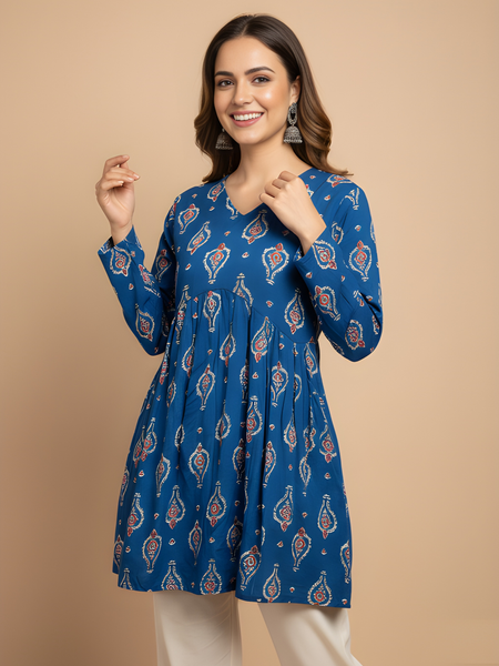 Women’s Blue Cotton Printed Flared Short Kurti Tunic