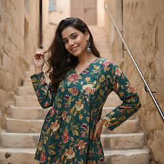 Women’s Green Cotton Printed Fancy Tunic Top