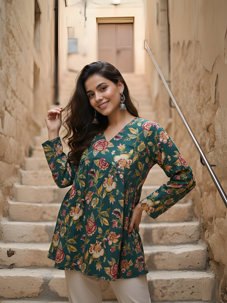 Women’s Green Cotton Printed Fancy Tunic Top