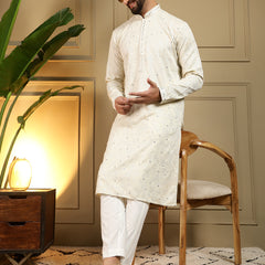 Men’s Heavy Khadi Cotton Mirror Work Kurta with Semi Cotton Chudidar