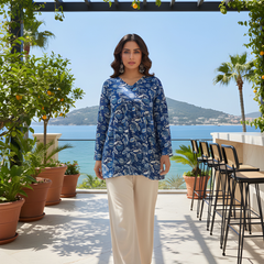 Women’s Blue Rayon Printed Fancy Tunic Top